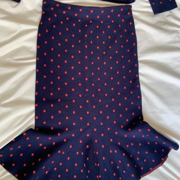 OXYGENE Two-Piece Knit Crop Top and Trumpet Skirt Set in Navy and Red Polka Dot - Picture 10 of 16